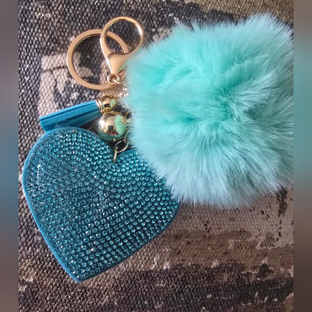 Large Teal Heart & Pompom Bag charm/Keychain New